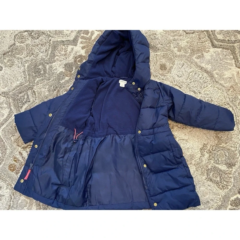 J Crew Crewcuts Coat Girls 3T Navy Blue Fleece Puffer Long Jacket Hooded Parka